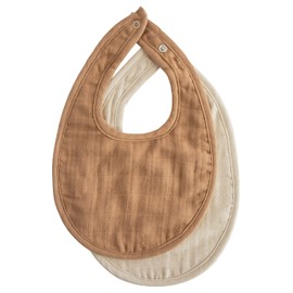 mushie Muslin Baby Bib | Soft Cotton for Infant Drips, Drools & Feedings | Adjustable Fit | 2 Pack (Tan/Fog)