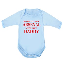 'Born To Love Arsenal Just Like Daddy' Baby Boy Girl 100% Fine Combed Cotton Long Sleeve Bodysuit Designed and Printed in the UK (3-6 Months, Blue)