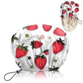 Luxury Shower Cap Satin Lined Reusable Waterproof Double Layer Elastic Adjustable Hair Bath Cap Cute Aesthetic Women Girls-Strawberry