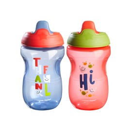 Tommee Tippee Sippee Cup, Water Bottle for Toddlers, Spill-Proof, BPA Free, Colorful and Playful Designs, 10oz, 9m+, 2 Count, Blue and Red
