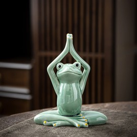OwMell Ceramic Zen Frog Decor, Ceramic Yoga Pose Meditation Frog Staute for Home Zen Decoration - Namaste