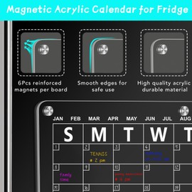 Acrylic Magnetic Calendar for Fridge, 15.7"x11.8" Clear Acrylic Magnet Dry Erase Planning Board Monthly Calendar for Refrigerator with 6 Colored Markers, Magnetic Pen Holder and Eraser