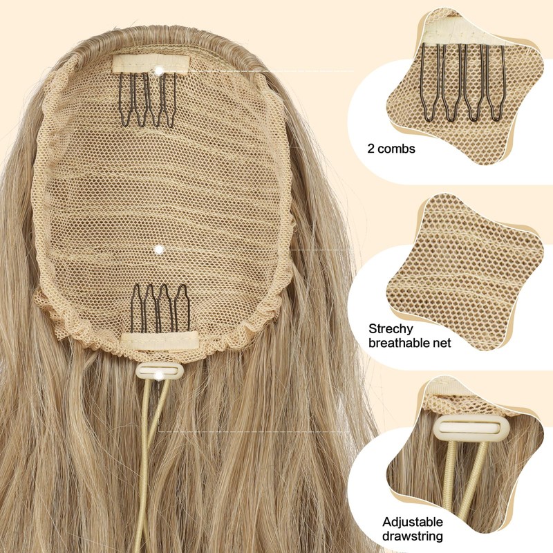 FESHFEN Ponytail Extensions, Drawstring Ponytails Hair Extension Blonde & Ash