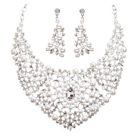 Accessoriesforever Bridal Wedding Jewelry Crystal Rhinestone Captivating Bib Necklace Set J519 WT
