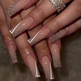 DANMANR Long Press on Nails Square French Fake Nails Full Cover Nude Acrylic False Nails for Women and Girls 24PCS (Bling Multicolor)