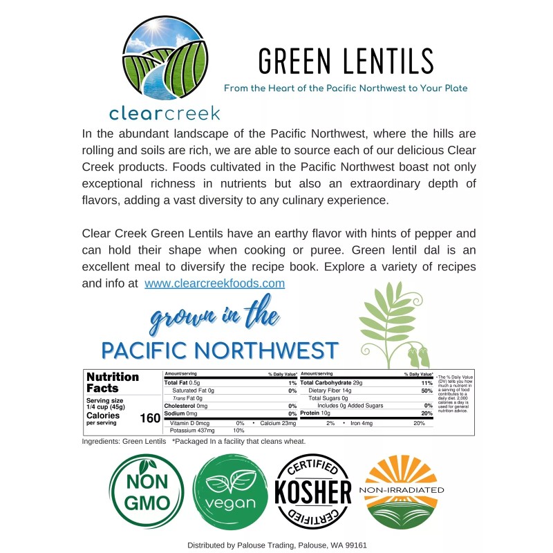 Clear Creek Bulk Green Lentils, 18 LBS
