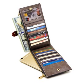 ANDOILT Women's Genuine Leather Wallet RFID Blocking Credit Card Holder Zipper Purse Cell Phone Handbag Gray