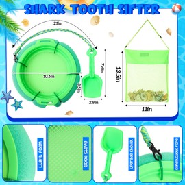 Roshtia 3 Pcs Shark Tooth Sifter Set Lightweight Sand Kits for Teeth Seashell Hunting Beach Floating Beach Sifter with Mesh Screen,Shovel,Seashell Bag for Outdoor Digging(Green)