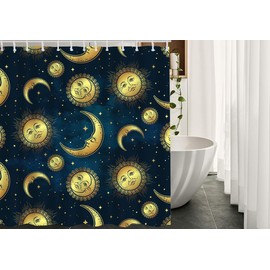 AOYEGO Moon Sun and Stars Fabric Shower Curtain with Hooks Gold Celestial Face Cosmos Celestial Night Sky Galaxy Bath Shower Curtain Polyester 72x72 Inch for Bathrooms Bathtubs Camping