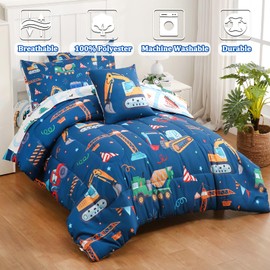 Tasselily 4 Pcs Construction Twin Bedding Sets for Boys Truck Excavator Twin Comforter Sets for Boys,Blue Boys Bedding Twin Comforter Set for Kids