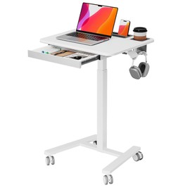 JYLH JOYSEEKER Mobile Small Standing Desk with Drawer, 23.6"x19.7" Rolling Laptop Cart on Wheels, Height Adjustable Sit Stand Computer Workstation with Storage for Compact Space, White