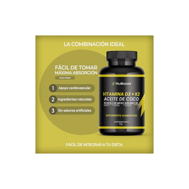 NuBoost Vitamina D3 + K2 con Aceite de Coco -