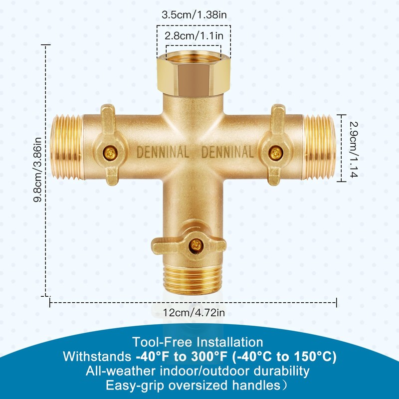 Denninal 3 Way Hose Splitter, Solid Brass High Flow 3