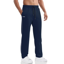 BROKIG Straight Leg Mens Sweatpants Open Bottoms Exercise Pants Casual Lounge Pants Male Sweat Pants with Zip Pocket(Medium, Navy)