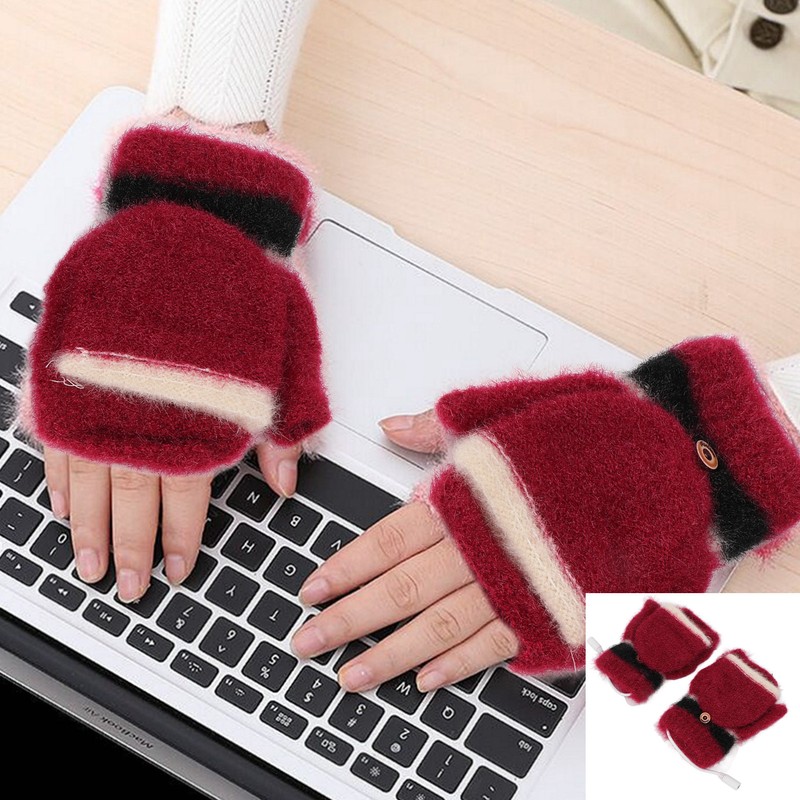 USB Heated Gloves Half Fingerless Flip Burgundy Double Sided Knit
