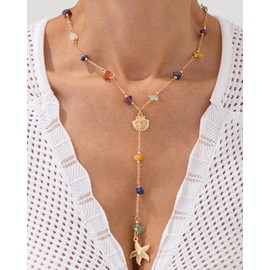 LANWLOSI Long Colorful Necklace for Women Adjustable Natural Gemstone Y Shaped Necklace Trendy Gold Shell Starfish Lariat Neck Chain Summer Beach Jewelry Accessories
