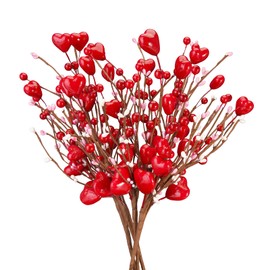 FLOERVE Valentine's Day Decor, 6 PCS Red Pink White Heart and Berry Valentine's Day Picks, Artificial Berry Flowers for Valentine's Day Wedding Floral Arrangement Wreath Table Centerpiece Decoration