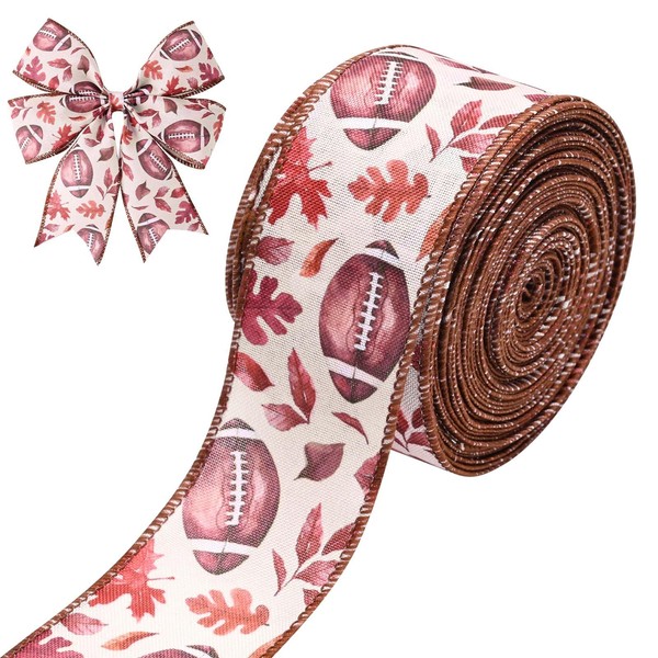 10 Yards Fall Wired Edge Ribbon Football Autumn Leaves Beige