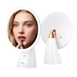 Makeup Mirror with Lights, Make Up Desk Mirror with Organizer, Rechargeable Touch Control 3 Color Lights and Adjustable Brightness, Lighted Vanity Mirror for Desk, Dresser Tabletop, Gifts for Women