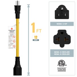 [4-in-1] 12AWG 15 Amp Household AC Plug to 20 Amp T Blade Adapter Cable, NEMA 5-15P to 5-15R/ 5-20R/ 6-15R/ 6-20R, 4 in 1 AC Adapter,15A 125V to 20A 250V Extension Cable, 1FT