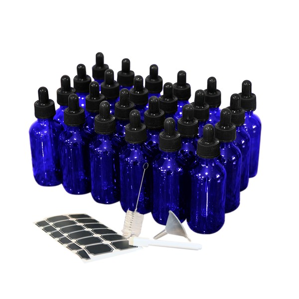 Nevlers 24 pack Blue 2 Oz Glass Dropper Bottles | The Cobalt Glass Bottles for Essential Oil Storage Includes Droppers, Funnel, Brush, and Marker with Labels to Mark Each One - Colored