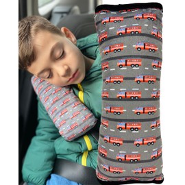 HECKBO Car Sleeping Pillow for Children Girls Boys - Cars Fire Brigade Police Tractor - Machine Washable - Car Seat Belt Protector, Belt Protector Booster Seat, Car Pillow, Travel Pillow, Holiday