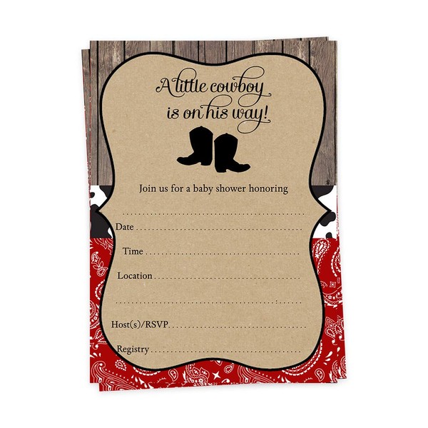 Cowboy Baby Shower Fill in the Blank Invitations Boots and Bandanas Boys It’s a Boy Theme Invites Red Black Country Barn Paisley Cowprint Printed Cards (15 Count)