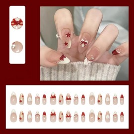 French Tip Press on Nails Medium Almond Nude Glitter Fake Nails with Star Heart Design Bow Rhinestones Glue on Nails Full Cover Glossy False Nails for Women Manicure Decoration 30PCS