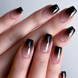 24pcs French Tip Press on Nails Short Square Fake Nails with Gradient Designs Black Acrylic Nail Tips Glue on Nails Reusable French False Nails Kit Full Cover Stick on Nails for Women Nail Decoration