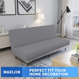 MAXIJIN MAXIJIN Jacquard Futon Cover Stretch Armless Futon Sofa Cover Soft Futon Slipcover with Elastic Bottom Thick Sofa Bed Furniture Protector Covers for Washable Futon (Futon, Light Gray)