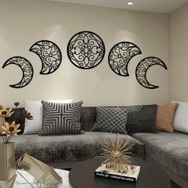 ASMANNA 5 Pieces Moon Decoration Wall Decoration Wooden Moon Phase Wall Hanging Bohemian Style Bedroom Home Wall Decor Bohemian Lunar Aesthetic Art for Bedroom Living Room Dorm Apartment Office(black)
