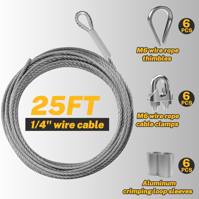 1/4" Wire Rope,25FT 304 Stainless Steel Wire Cable Kit,7x19 Strand
