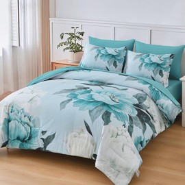 Dobuyly Floral Comforter Set King Size 7 Piece Bed in a Bag, Aqua Flowers on Light Blue Comforter Set with Sheets, Soft Microfiber Botanical Complete Bedding Set for All Season