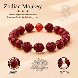 FengShui Wealth and Luck Bracelet, Feng Shui Cinnabar Stone Zodiac Wealth Bangle Prosperity Buddha Beads Elastic Bracelet for Women Jewelry,Zodiac Monkey