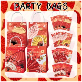 12 Pack Folding Fans Party Bags with Handles, Japanese Birthday Decorations Party Favors