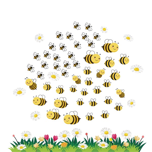 SUPERDANT Bee Wall Stickers Yellow Bumblebee Wall Decals Colorful Floral Grass Daisy Mural Decals Honey Bee Window Clings for Home Office Fridge Living Room Decorations