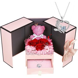 ELEUTH Rose Moss Bear Gifts for Mum, Real Eternal Rose Gift Box with Necklace, Preserved Rose Flower Box, Mother's Day Gift for Mum, Women, Wife, Girlfriend, Grandma, Valentine's Day, Anniversary,