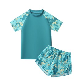 Boys' Rash Guard Set Two Piece Swimsuits Kids Short Sleeve Swimwear Swim Trunks with Compression Liner UPF 50+ (5-16T) Green