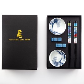 Premium Chopstick Set – 2 Ceramic Dishes, 2 Bamboo Chopsticks, 2 Ceramic Holders – Elegant Gift Box for Sushi, Ramen & Asian Cuisine (Ocean)