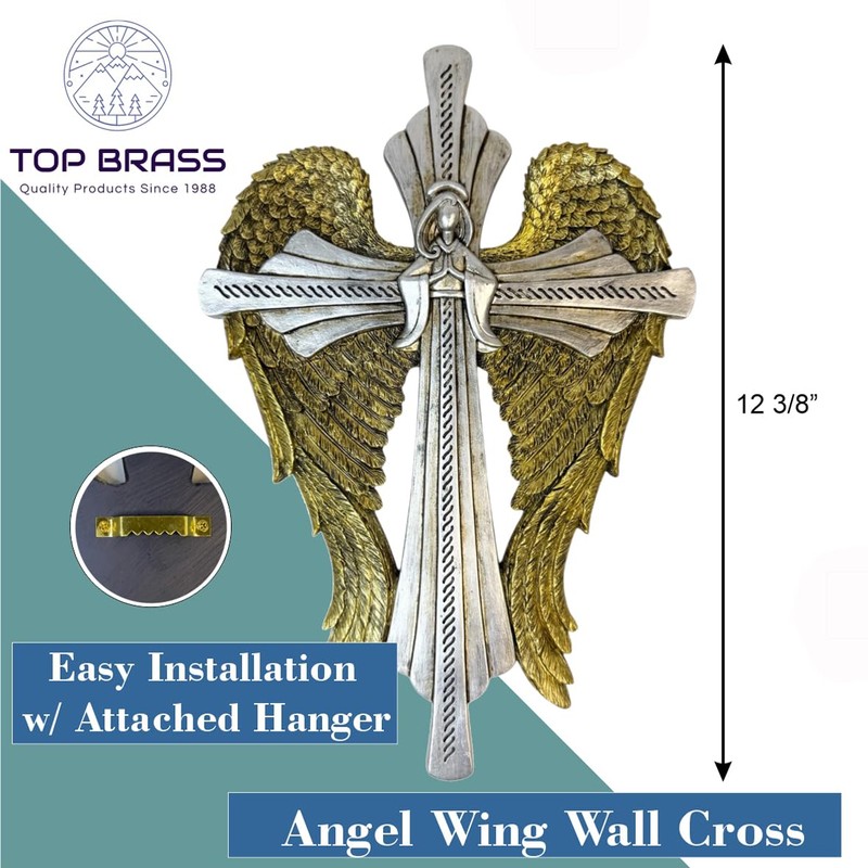 Top Brass Decorative Angel Wing Wall Cross – Gold and