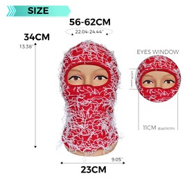 Michear Winter Beanie Hat Men Warm Fuzzy Knitted Balaclava Distressed Full Face Ski Mask Windproof Knitted Fuzzy Balaclava Ski Balaclava (Red-White)