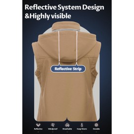 CREATMO US Softshell Vest Comfortable Sleeveless Hiking Vests Jacket Women Women's Golf Removable Hood Fleece Lined Windproof Outerwear For Causal Khaki XS