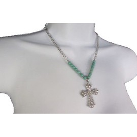 TFJ Women Western Fashion Long Necklace Silver Metal Chains Rhinestones Big Cross Turquoise Blue Beads