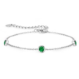 YUNKAI 925 Sterling Silver Emerald Bracelet, Birthstone Bracelet for Women, Dainty Green Stone Adjustable Link Bracelet Birthstone Jewelry Gift for Her Anniversary Birthday, 16.5+5cm(6.5+2 inch),