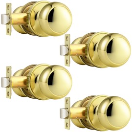 Probrico Interior Door Knobs for Closet Hallway, Polished Brass Passage Door Knob Keyless Door Lock with Round Ball Knob, 4 Pack