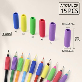 Pencil Grip Soft Foam Pencil Grips for Handwriting 1.5 Inch Comfort Pencil Holder for Writing Aid 5 Color (15 Pcs Classics)