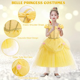 YYDSXK Princess Dress Girls, Belle Costume Girls with Crown Wand Necklaces Set, Fancy Dress Costumes Children Belle Princess Costume Girls for Carnival Cosplay Birthday Party (Style 1, 140)