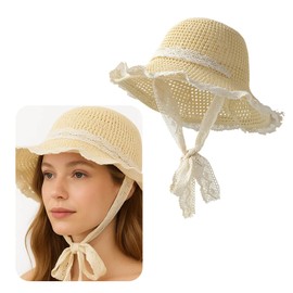 Lace Sun Hats, French Style Floral Lace Bowknot Straw Hat, Summer Straw Hat Women, Foldable, Beach Vacation UV Protection, Beach Sun Hats for Travel Beach Cap Outdoor Pool Hiking Off-White