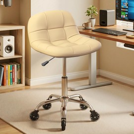 Rolling Stool Chair with Wheels, Height Adjustable Stool with Back Support, Office Drafting Chair with PU Leather Cushion for Home Office Kitchen Vanity Salon Garage Tattoo Dentist Esthetician(White)
