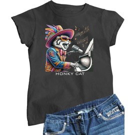 X-Large Heather Black Women Honky Cat Funny Elton Cat Playing The Piano T-Shirt